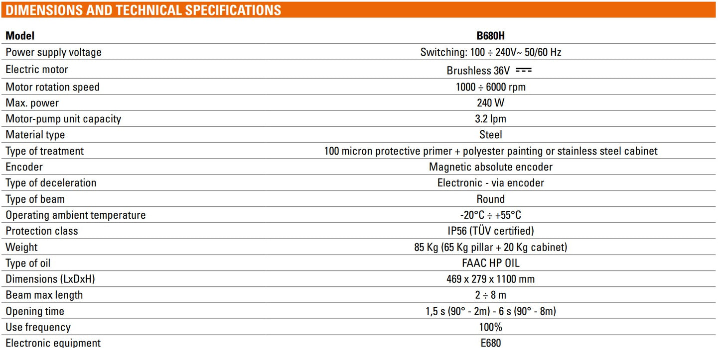 Specifications of Automatic Barrier Arm FAAC B680H Up to 6m Kit