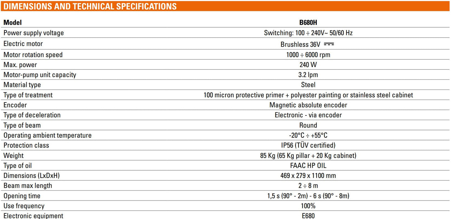 Specifications of Automatic Barrier Arm FAAC B680H Up to 4m Kit