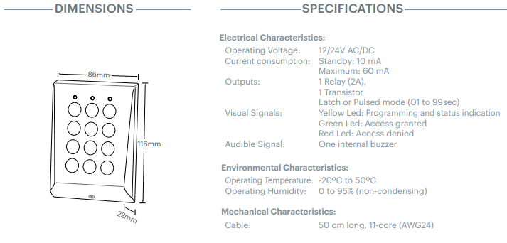 Specifications of XPR VKP99 Vandal-Resistant Surface Standalone Keypad 
